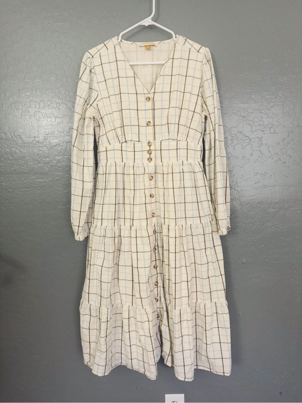 DownEast Ivory & Black Plaid Tiered Button Midi Dress